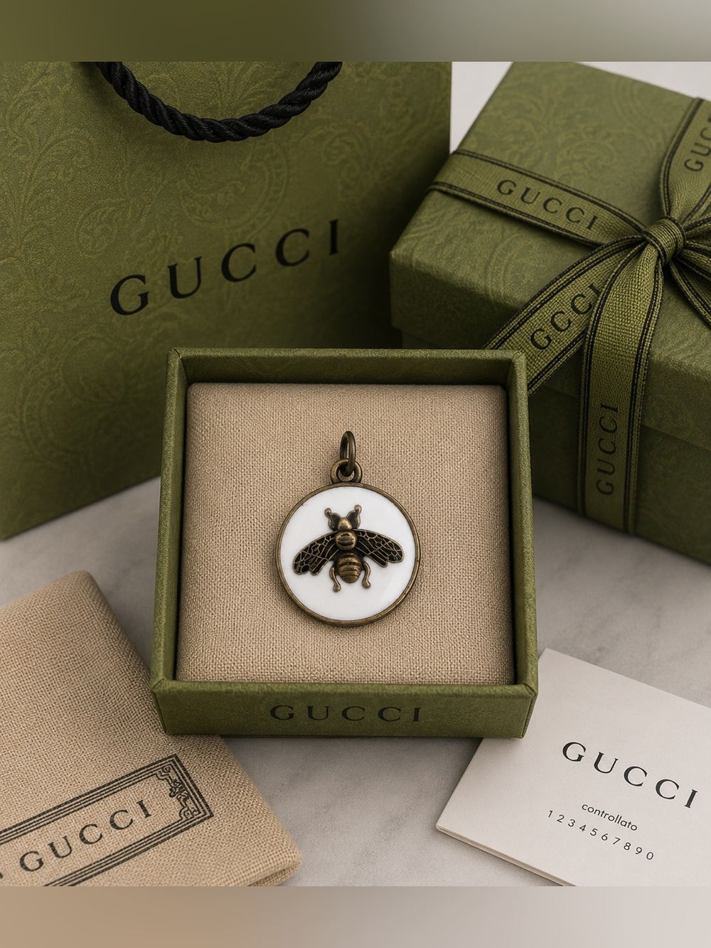 Gucci stamped White Enamel Bee Charm/ pendant with Gold-Tone Bee